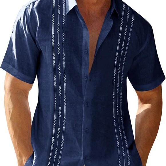 Mens Short Sleeve Guayabera Linen Cotton Button Down Mexican Embroidered Cuban W